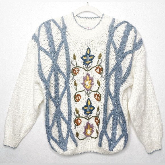 American Weekend Vintage Floral Boho Sweater Size Large Hand Knit 90’s - Picture 1 of 8
